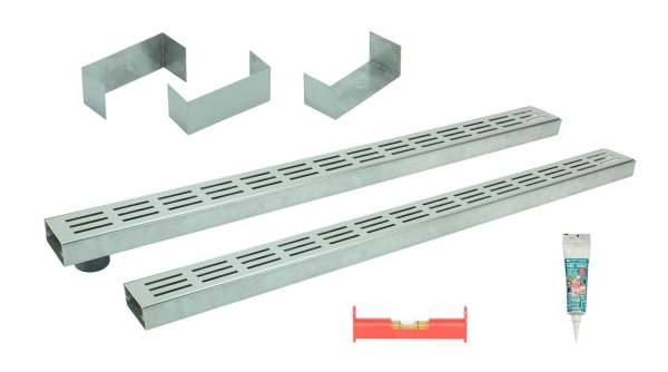 Entwässerungsrinnen Edelstahl superflach Rost Längsschlitzdesign SET Typ 2, System 35/80